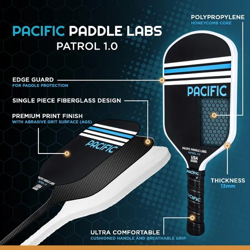 Vista 2 de Patrol 1.0 Paleta de pickleball, fibra de vidrio, 0.512 in, raqueta de pickleball aprobada por USAPA, textura de grano abrasivo de carbono, giro