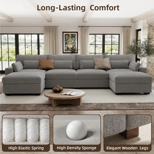 Vista 6 de Sofá modular de 146.5 pulgadas, sofás extra profundos en forma de U para sala de estar, sofá de felpilla de 4 asientos con patas de madera, otomana
