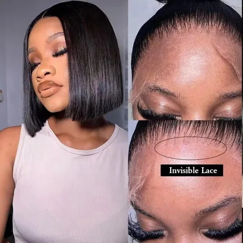 Vista 5 de Match All Skin Blunt Cut Bob Glueless Lace Wig Pre Plucked Natural Baby Hair Short Bob Bone Straight 13X4 HD Invisible Lace Wig Braizilian Human