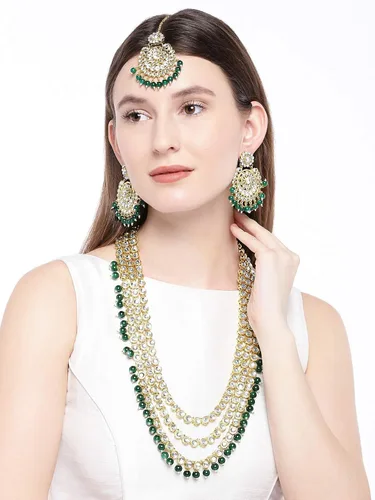 Vista 5 de Aheli Indian Ethnic Wedding Faux Kundan Beaded Bridal Long Necklace Earrings with Maang Tikka Traditional Jewellery Set for Women