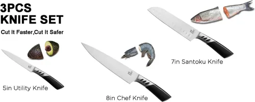 Vista 8 de CHUSHIJI Juego de cuchillos de cocina de 3 piezas Juego de cuchillos de chef profesional con cuchillo de chef de 8 pulgadas, cuchillo Santoku de 7