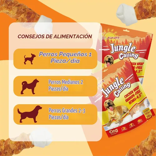 Vista 7 de Jungle Calling Huesos de perro sin cuero crudo, huesos masticables envueltos de pollo real de 6.5 pulgadas para perros medianos y grandes golosinas