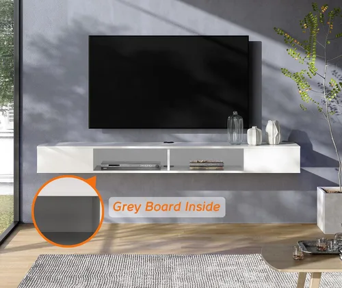 Vista 4 de WAMPAT Estante flotante de TV de 70 pulgadas con luz LED amarilla, soporte de TV flotante blanco montado en la pared con almacenamiento para TV