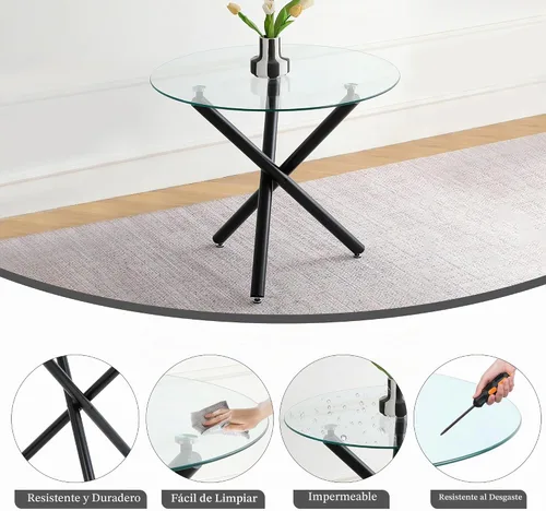 Vista 6 de Mesa de comedor redonda de vidrio para 2-3, parte superior de vidrio templado moderna, patas cromadas resistentes, almohadillas ajustables