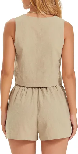 Vista 4 de ATHMILE Conjunto de 2 piezas para mujer, conjunto de dos piezas de lino, pantalones cortos de lino, ropa de moda, conjunto de vacaciones de verano