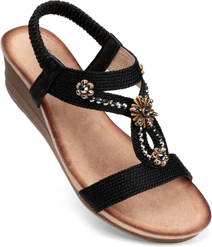 Vista 9 de SHIBEVER Womens Wedge Sandals Dressy: Comfortable Low Heels Sandals Summer 2702-negro