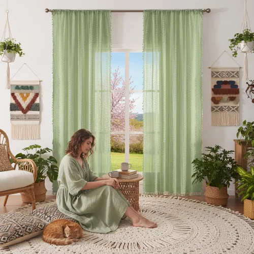 Vista 25 de WAZZIO Cortinas de Encaje, Cortina Boho de Crochet para Dormitorio, Cortinas de Café de Algodón, 45 Pulgadas de Largo, 2 Paneles con Bolsillo