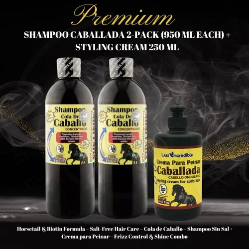 Vista 4 de Champú Caballada paquete de 2 (32.1 fl oz cada uno) + Crema de peinado 8.5 fl oz - Fórmula de cola de caballo y biotina - Cuidado del cabello sin