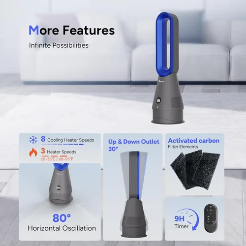 Vista 7 de Ventilador sin aspas Faryuan, ventilador de torre combinado de 25 pulgadas con calefacción, enfriamiento y filtro, oscilación de 80° con control