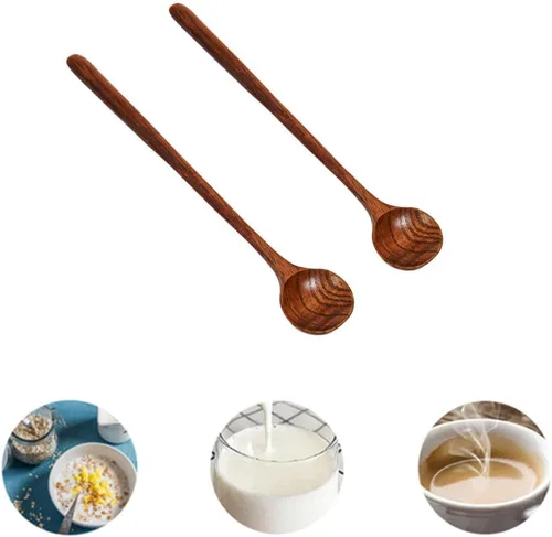 Vista 7 de 2 cucharas largas de madera para sopa, cucharas redondas de mango largo, estilo coreano, cucharas de café de madera para sopa, cocina, mezcla