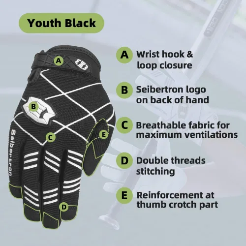 Vista 2 de Seibertron B-A-R PRO 2.0 - Guantes insignia de bateo para béisbol, sóftbol y Teeball, con super agarre, ajuste de dedo, múltiples tamaños 11 + 5