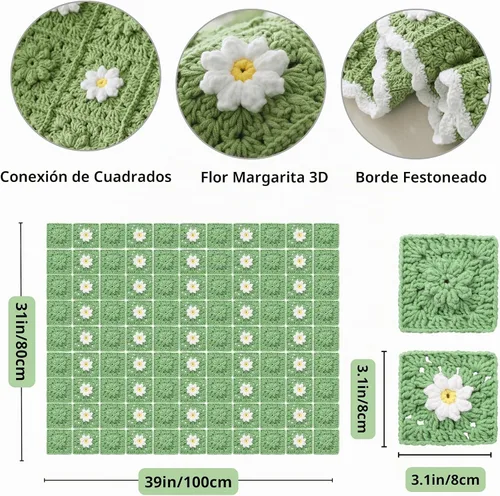Vista 5 de CSWCS Kit de Manta de Ganchillo para Principiantes, Kit de Manta Tipo Throw de Cuadros Granny de Margaritas para Adultos, Fácil de Aprender a Tejer