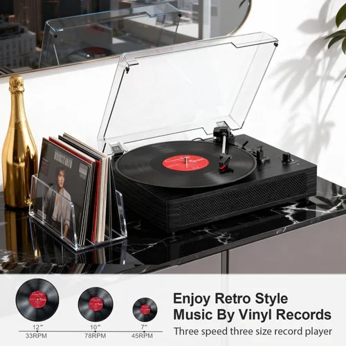 Vista 7 de Tocadiscos de vinilo con Bluetooth y altavoces estéreo integrados, tocadiscos vintage de 3 velocidades con parada automática, salida RCA y entrada