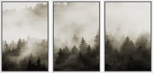 Vista 15 de SIGNWIN Lienzo enmarcado para pared, juego de decoración de guardería de bosques, niebla y niebla sobre bosque de montaña oscura, naturaleza, arte