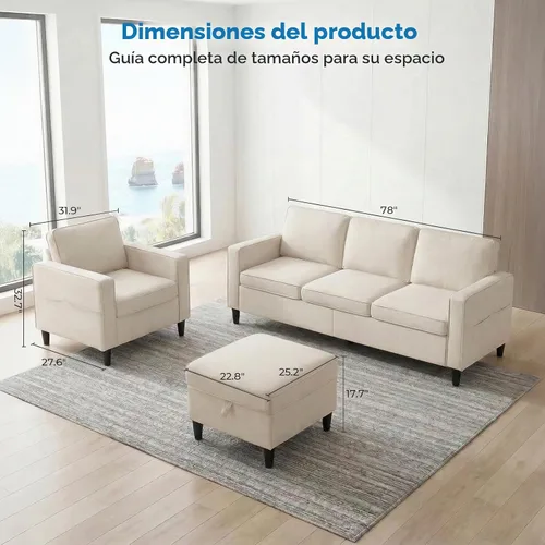 Vista 2 de Mjkone Juego de sofá y silla de 3 piezas con otomana, sofás seccionales de lino de 78 pulgadas de ancho para sala de estar, muebles con bolsillos