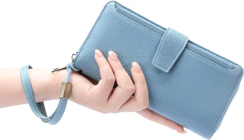 Vista 7 de GOIACII Cartera para mujer, de gran capacidad, con bloqueo RFID, para teléfono, tarjetero de embrague, cartera larga de viaje, color azul