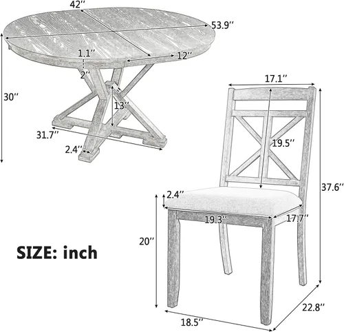 Vista 6 de Harper & Bright Designs Juego de mesa de comedor redonda de 5 piezas, juego de mesa de comedor retro con mesa redonda extensible y 4 sillas