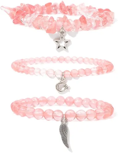 Vista 16 de Juego de 3 pulseras de cuentas de piedra natural para mujeres y hombres, estrellas y luna, alas de ángel, juego de pulseras curativas de reiki