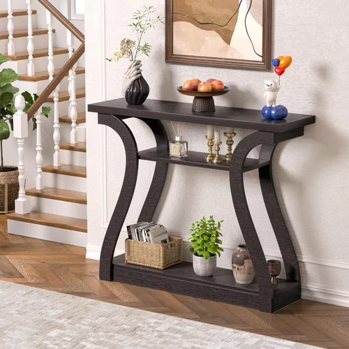 Vista 8 de Mesa consola de madera con patas curvadas y estante, mesa de sofá moderna de 3 niveles para zona de entrada, sala de estar, pasillo, 47 pulgadas