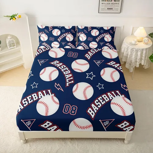 Vista 2 de QOOMO Sábanas de béisbol, sábanas deportivas para niños y adolescentes, bolsillo profundo de 16 pulgadas, juego de 4 piezas, tamaño individual