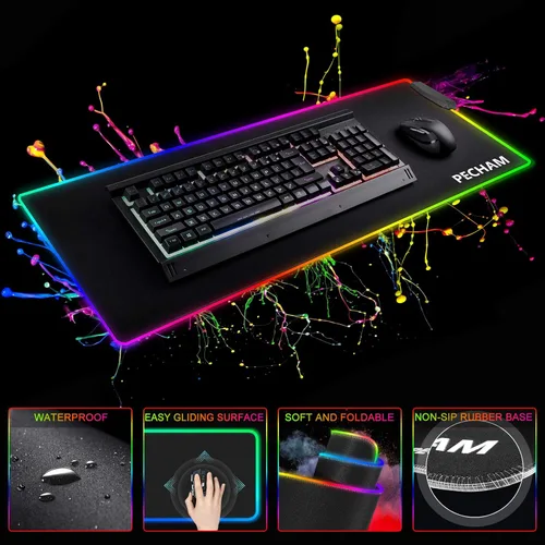 Vista 5 de PECHAM Alfombrilla de mouse RGB para juegos con 4 puertos USB y 14 luces LED alfombrilla de mouse grande extra extendida de 0157in base de goma