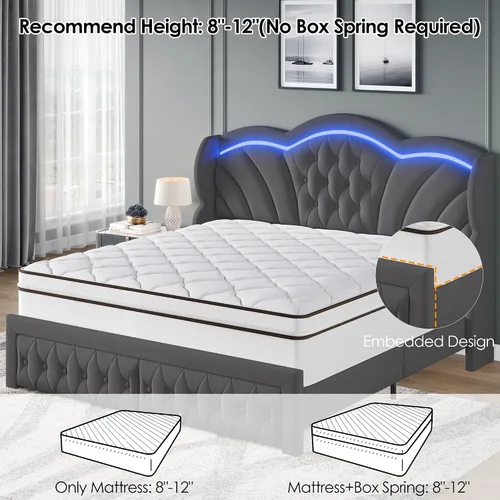 Vista 7 de Keyluv - Base de cama Queen con luces LED y 2 cajones de almacenamiento, plataforma tapizada en terciopelo con cabecera de 47" de altura
