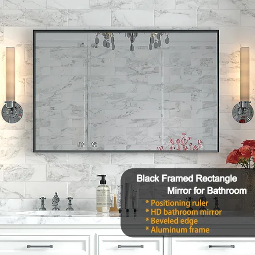 Vista 7 de Espejo rectangular de baño negro brillante de 40 x 30 pulgadas para pared, espejo de tocador para colgar en la esquina, espejo rectangular moderno
