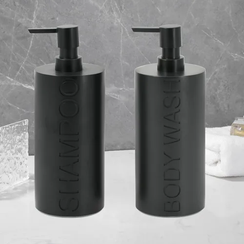 Vista 5 de Paquete de 2 botellas recargables de resina negra mate para champú y gel de baño – Juego de dispensadores de bomba modernos para baño, recipientes