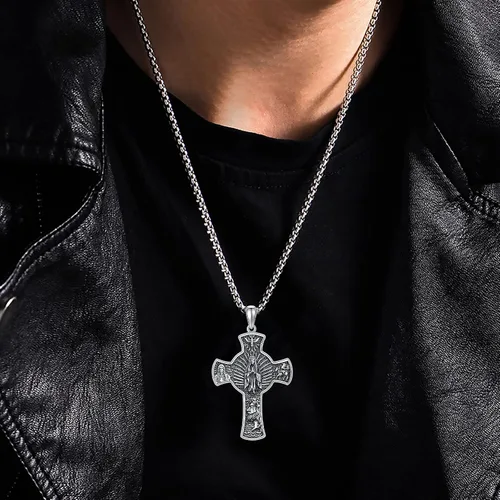 Vista 5 de StoryEtain 925 Sterling Silver Patron Saint Medals Amulet Protection Pandent Necklace Cross Faith Jewelry for Men(2.5mm 22"+2" Rolo Chain)