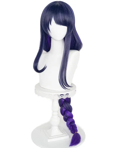 Vista 4 de Half and Half Raiden Shogun - Peluca larga para cosplay, color morado oscuro, degradado, pelucas trenzadas de anime con flequillo, cabello sintético