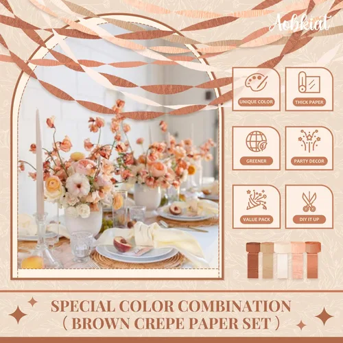 Vista 8 de AOBKIAT Decoraciones de fiesta boho de otoño, 5 rollos de papel crepé marrón y naranja polvoriento, serpentinas de fiesta para el día de Acción