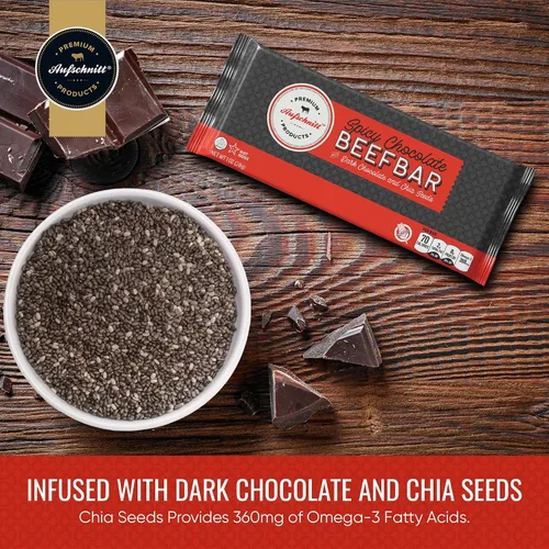Vista 4 de Aufschnitt Barras de res de chocolate picantes con chocolate oscuro y semillas de chía Certificado Glatt Kosher Sin gluten, sin nitritos, 6