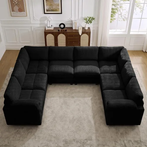 Vista 41 de Sofá modular de 61 pulgadas con otomana, asiento extra profundo para sala de estar, sofá de asiento profundo de pana con almohadas para Beige