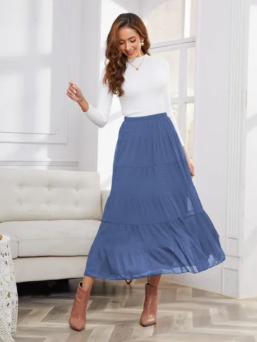 Vista 2 de NASHALYLY - Faldas largas de gasa, acampanadas, plisadas, con cintura alta y elástica para mujer