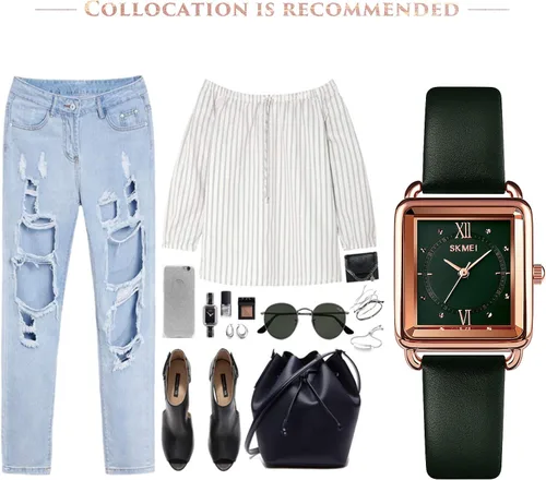 Vista 7 de SKMEI - Reloj de pulsera para mujer, de piel, rectangular, elegante, para mujer, Classic, Verde-D