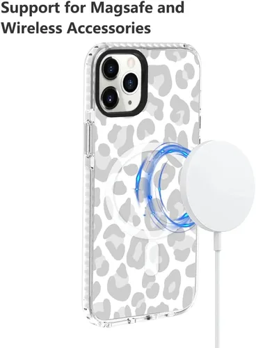 Vista 5 de SAKUULO Funda magnética para iPhone 11 Pro Max [Compatible con MagSafe] Patrón de Estampado de Leopardo Gris Claro Funda de Carga Inalámbrica