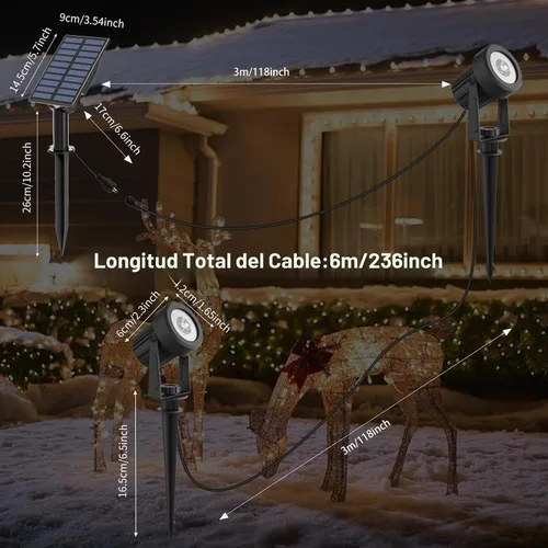 Vista 4 de T-SUNUS Luces Solares de Navidad para Exteriores Blancas 6000K IP65 Impermeables 2 en 1 Reflectores de Paisaje, Cable de 9.8 pies con Panel Separado
