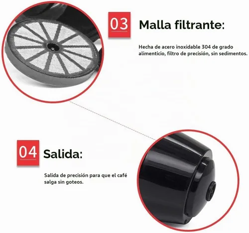 Vista 3 de 6 cápsulas de café recargables, filtro de café reutilizable con cuchara de café, cepillo (6 unidades, negro)
