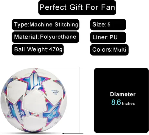 Vista 2 de Balón de fútbol de la Champion, tamaño 5, réplica oficial del partido, ideal para entrenamiento, jugar, coleccionistas y para fanáticos del fútbol.