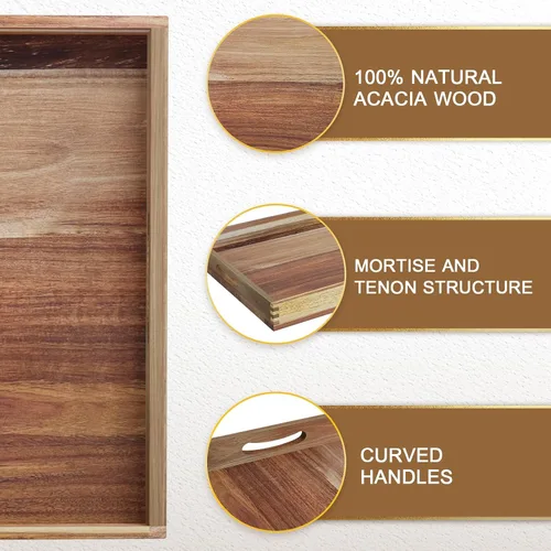 Vista 3 de MAONAME Bandeja otomana extra grande, bandeja de servir de madera de acacia de 22 x 18 pulgadas con asas, bandejas decorativas de madera