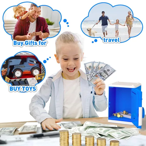 Vista 4 de JUNEU Hucha para niños, juguetes para niños de 3, 4, 5, 6, 7, 8 años, alcancía electrónica para ahorrar dinero para niños, mini alcancía