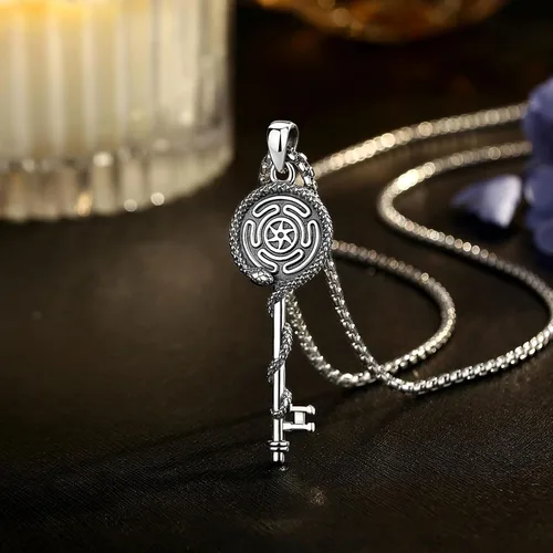 Vista 93 de EUDORA Collar de plata de ley 925 con moneda Hécate, Athena, Perséfono, Nyx, diosa de la luna triple, diosa celta, rueda de Hécate, llave, regalo