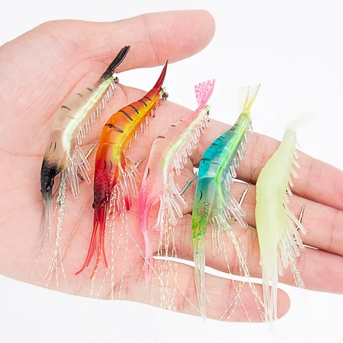 Vista 6 de Juego de 10 señuelos de pesca de agua salada para camarones, aparejos de pesca de camarones suaves de alta calidad con ganchos afilados luminosos