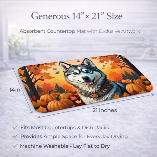 Vista 3 de Caroline's Treasures DAC1074DDM - Tapete de secado de platos de otoño siberiano Husky absorbente, tapete para secar platos para encimera de cocina