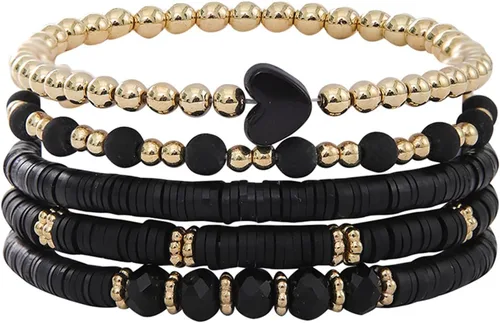 Vista 9 de Caiyao Juego de pulseras apilables de arcilla con corazón multicapa de Bohemia, pulseras elásticas con cuentas doradas de arcilla Heishi para Verde