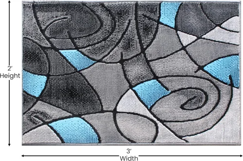 Vista 2 de EMMA + OLIVER Alfombra decorativa de olefina de felpa, patrón geométrico abstracto, tonos grises degradados con detalles azules vibrantes, 2 x 3