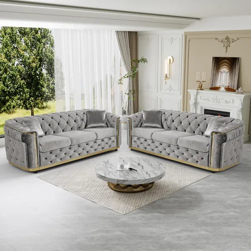 Vista 11 de Sofá Chesterfield de terciopelo de 62.5 pulgadas con respaldo copetudo y detalles dorados, beige Blanco
