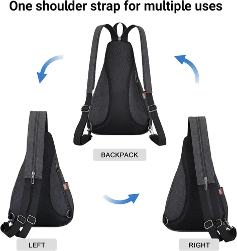 Vista 3 de WITZMAN Bolso bandolera de lona para hombres y mujeres, mochila convertible cruzada, estilo vintage, bolsa de pecho de viaje casual (A8003, negro)