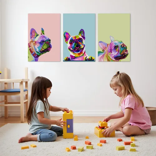 Vista 3 de 3 piezas de arte de pared en lienzo de bulldog francés, pintura de decoración de bulldog francés con marco interior de madera