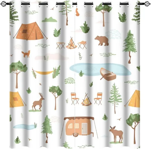 Vista 9 de Cortinas abstractas con estampado de cámper de caricaturas, divertido tema de aventura, campamento, montañas, vida silvestre, oso, tratamiento